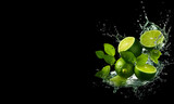 Fototapeta Panele - Fresh green limes splashed with water on black and blurred background