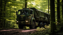 Soviet, Green Military Truck With Forest Background.