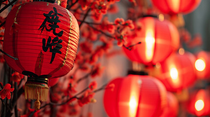 Wall Mural - An elegant composition featuring red lanterns against a festive background adorned with traditional 