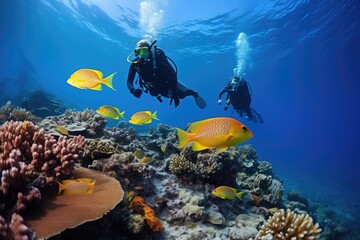 Poster - Scuba diving in ocean coral reef sea under water. AI Generated