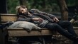 © Fly Frames - Poor homeless man or refugee sleeping on the wooden bench