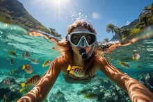 Underwater Shoot Of A Young Lady Snorkeling And Doing Skin Diving In A Tropical Sea. AI Generated