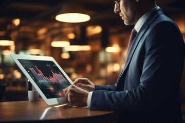 Leinwandbilder - Business man using a tablet with a graph on it, Mobile communication, Digital technology concept. Generative AI.