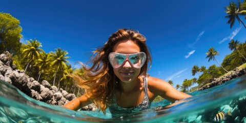 Wall Mural - Underwater shoot of a young lady snorkeling and doing skin diving in a tropical sea. AI Generated