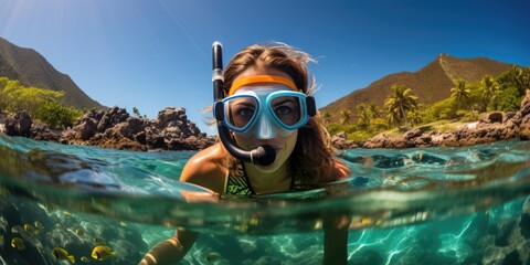 Wall Mural - Underwater shoot of a young lady snorkeling and doing skin diving in a tropical sea. AI Generated