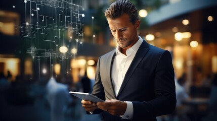 Aufkleber - Businessman intense focus on the tablet screen conveys a sense of professionalism and efficiency in modern business. Generative AI.