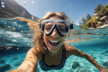 Wall Mural - Underwater shoot of a young lady snorkeling and doing skin diving in a tropical sea. AI Generated