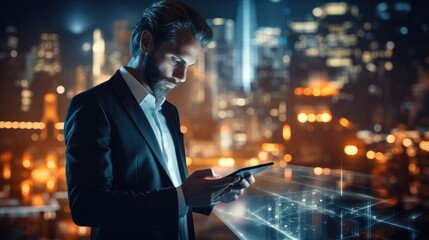 Poster - Businessman working with digital device on smart city, Digital technology, Business network connection, Partnership and data exchange, Investment analysis, Planning and strategy. Generative AI.