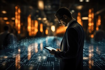 Aufkleber - Business man using digital tablet with binary code, Mobile communication, Digital technology concept. Generative AI.