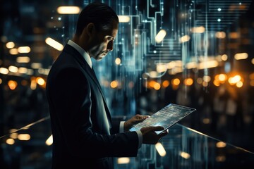 Aufkleber - Business man using digital tablet with binary code, Mobile communication, Digital technology concept. Generative AI.