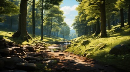a beautiful forest in a sunshine day. generative ai.