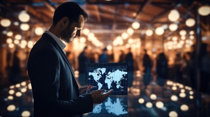 Aufkleber - Businessman use tablet with global structure customer network technology, Data exchanges development, Customer service, Social media, Digital marketing online. Generative AI.