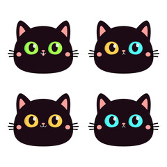 Sticker - Cat round face set. Black silhouette icon. Kitten with big yellow, blue, green eyes. Cute cartoon funny pet baby character. Pink ears, nose, cheek. Funny kawaii animal. Flat design. White background.