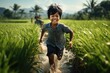 Asian child runs in the paddy field. Generative AI.