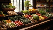 A Farm Shop Grocery Showing Vegetables And Fruit. Generative AI.