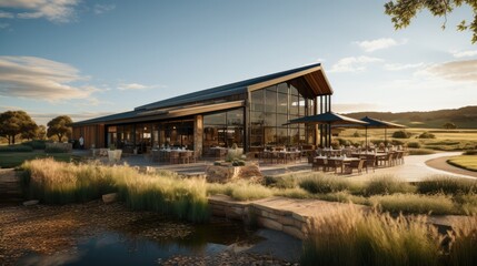 Aufkleber - Long contemporary barn a agrarian cafe sited on rolling hills. Generative AI.