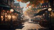 The street is lined with stalls, in the style of global illumination. Generative AI.