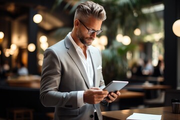 Aufkleber - Businessman using digital tablet, Busy working in modern office. Generative AI.