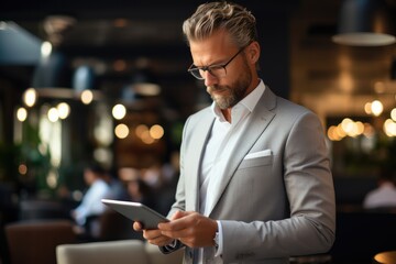Aufkleber - Businessman using digital tablet, Busy working in modern office. Generative AI.
