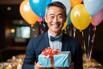 happy Asian birthday man holding with gift box, balloons in the background. AI Generated