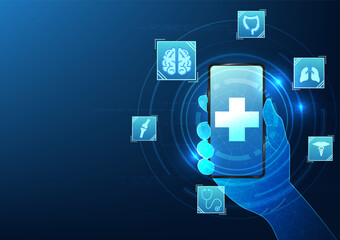 Poster - Telemedicine medical technology background through smartphone showing medical icons Shows basic treatment of illnesses with a doctor, talking, and videoconferencing. to inquire about symptoms