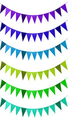 Wall Mural - Set of blue green magenta purple turquoise plain classic pennant bunting garland chain on transparent background cutout, PNG file. Mockup template for artwork design. Colour collection