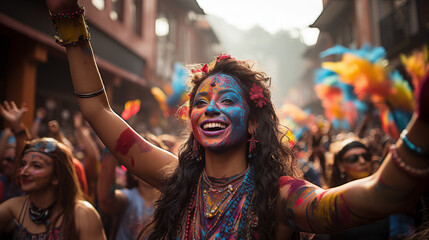 Woman with elaborate face paint and feathered headdress at a cultural festival.