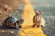 Turtle and rabbit on race track. Concept compete for success. Generative AI.