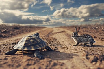 Wall Mural - turtle and rabbit on race track. concept compete for success. generative ai.