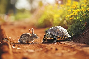 Wall Mural - turtle and rabbit on race track. concept compete for success. generative ai.
