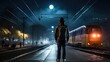 Lone traveler man waiting for a train at the train station at night. Generative AI.
