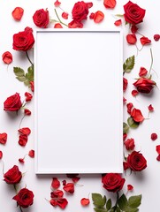 Vertical top view blank card red and pink rose love and wedding decoration Valentines day background