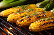 Cooked corn cobs with herbs and spices on barbecue grill