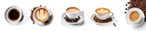 coffee cup assortment top view collection, coffee cup assortment with heart sign top view collection on isolate transparency background, PNG

