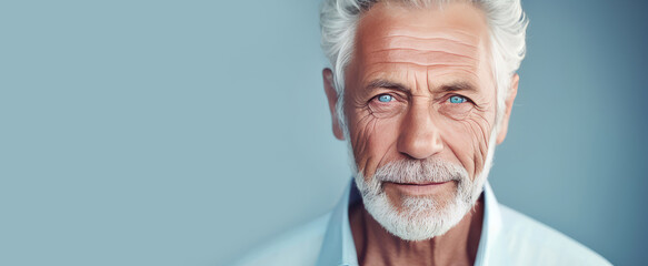 Wall Mural - Elegant smiling elderly Caucasian with gray hair with perfect skin, on a light blue background, banner.