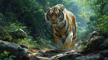 Mythical Tiger With Open Mouth, Walking Down The Rocks In The Forest