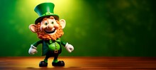 St. Patricks Day 3D Leprachaun Character On Green Background. Horizontal Banner Card Or Wallpaper, Copy Space For Text