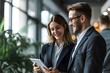 © yj - Two business woman and man worker smiling and holding a tablet at corporate office meeting, analyzing work performance. generative AI