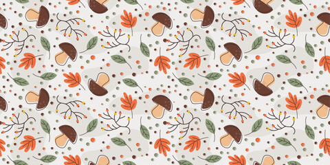 Wall Mural - Mushrooms, leaves and berries. Autumn pattern on a forest hiking theme.