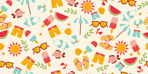 Wall Mural - Attributes of summer and beach holiday. Vector pattern of beach accessories. Seamless stylish pattern on a summer theme. White background.