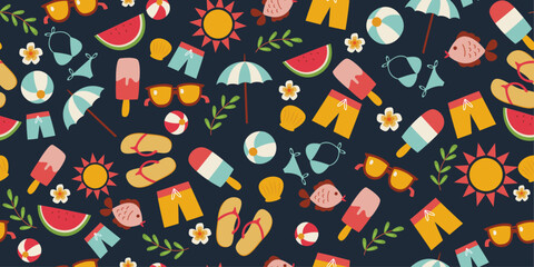 Leinwandbilder - Attributes of summer and beach holiday. Vector pattern of beach accessories. Seamless stylish pattern on a summer theme.