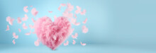 Valentine Romantic Pink Feather Heart Floats On A Light Blue Pastel Background With Copy Space. Banner For Valentine's Day. Valentine's Day Concept Template For Text.