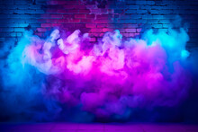 Neon Light On Brick Wall, Plastered Bricks Background And Mortar Texture. Lighting Effect Pink, Red And Blue Neon Fog Glow, Smoke, Vape Clouds. Futuristic Night Club, Modern Party Backdrop By Vita