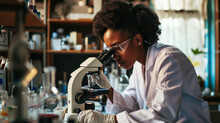African American Young Scientists Conducting Research Investigations In A Medical Laboratory, A Researcher In The Foreground Is Using A Microscope