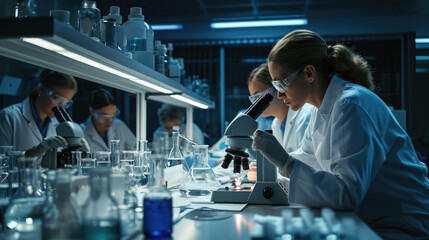 Group of scientists working in the chemistry lab, Analyzing test, Advanced scientific pharmaceutical for medicine biotechnology development