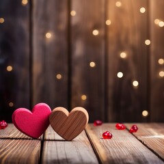 Valentines day background with two red hearts on wooden background - Generative AI