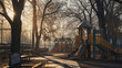 Playground in the park at sunrise. 3d rendering. Computer digital drawing.