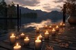 © VisualWeave - Mountain Lake Sunset Ambience with Candles and Autumn Leaves. Valentine's day concept.