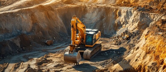 Wall Mural - A large yellow wheeled excavator is working in a quarry Heavy construction hydraulic equipment excavation Rental of construction equipment Development of minerals. Creative Banner. Copyspace image