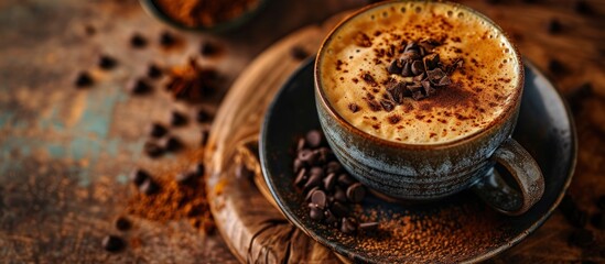 Leinwandbilder - Caramel latte with float cocoa powder and chocolate chips topping perfect for recipe article catalogue or any cooking contents. Creative Banner. Copyspace image